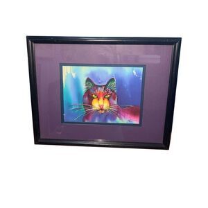 Abstract Framed Colorful Watercolor Cat Print signed CL 15 X 12”